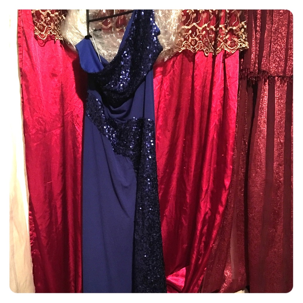 one shoulder sequins blue dress
